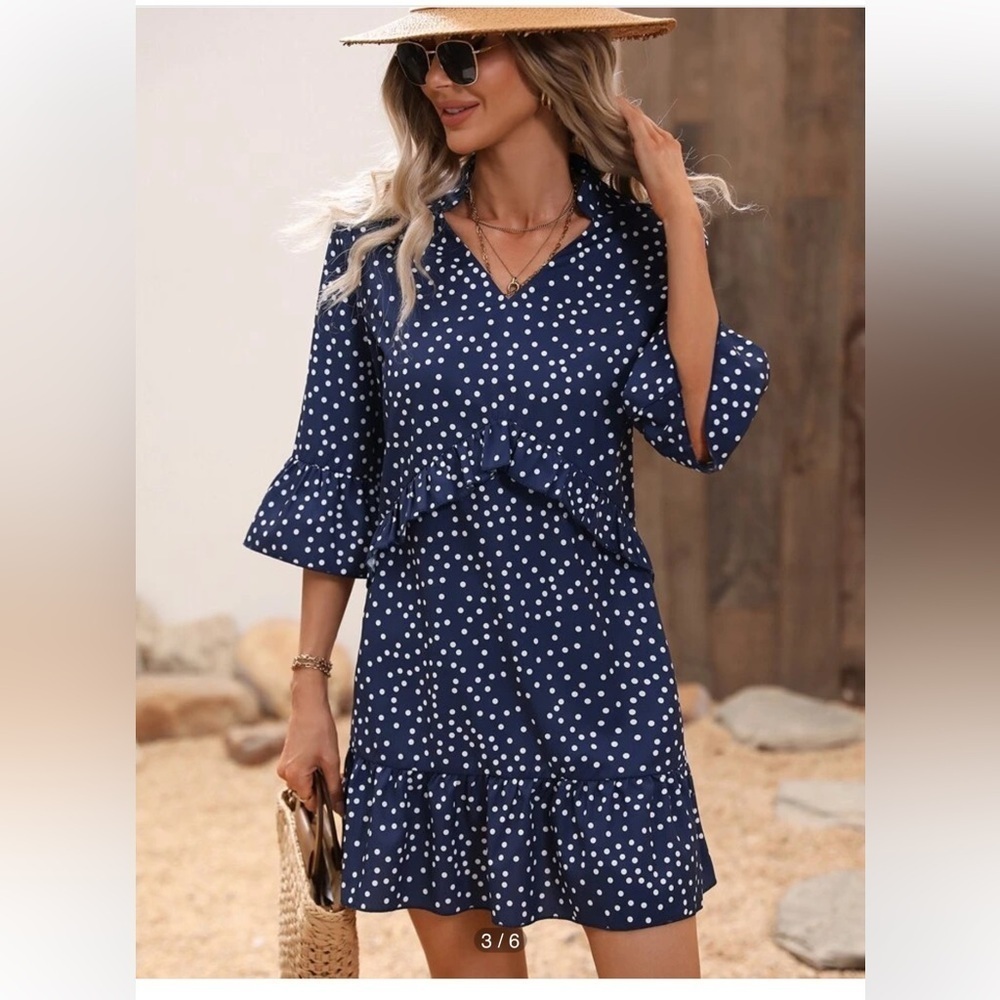 SHEIN Navy/White Polka Dot Print Flounce Sleeve Ruffle Hem Smock Dress - Picture 4 of 13